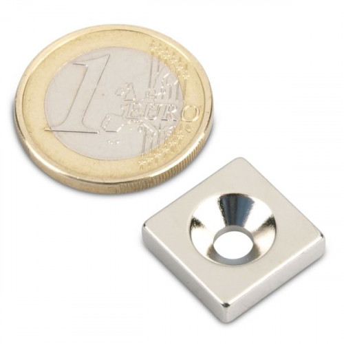 Cuboide magnetico 15,0 x 15,0 x 4,0 mm N35 nichel con foro svasato