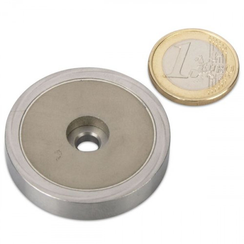 SmCo Magnete con base in acciaio Ø 40,0 x 8,0 mm, foro, acciaio inossidabile, 42 kg