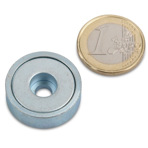 Magnete con base in neodimio Ø 25,0 x 8,0 mm con foro cilindrico aderenza 14 kg
