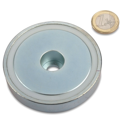 Magnete con base in neodimio Ø 75,0 x 18,0 mm con foro cilindrico aderenza 155 kg