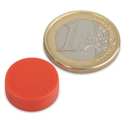 Magnete al neodimio Ø 16,0 x 6,0 mm con rivestimento in plastica - rosso - 2,6 kg