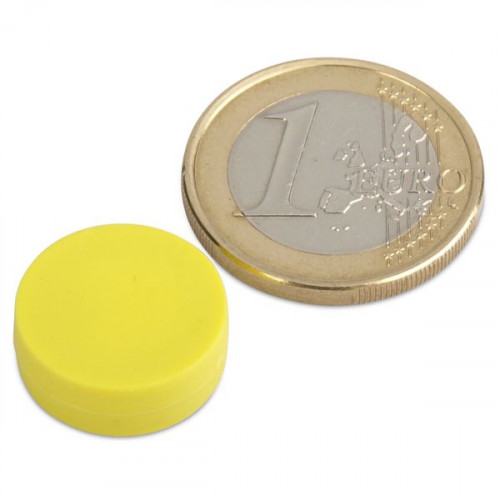 Magnete al neodimio Ø 16,0 x 6,0 mm con rivestimento in plastica - giallo - 2,6 kg