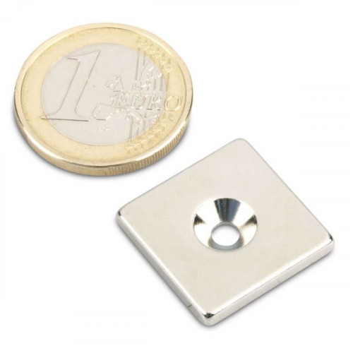 Cuboide magnetico 20,0 x 20,0 x 3,0 mm N45 nichel - foro svasato M3