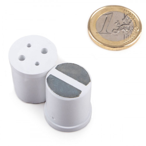 Magnete cilindrico con base Ø 20 x 23 mm, alloggiamento in plastica bianca - aderenza 25 kg