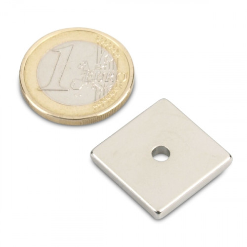 Cuboide magnetico 20,0 x 20,0 x 3,0 mm N45 nichel - foro Ø 3,5 mm