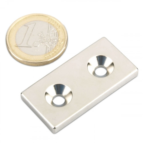 Cuboide magnetico 40,0 x 20,0 x 4,0 mm N35 nichel con 2 fori svasati