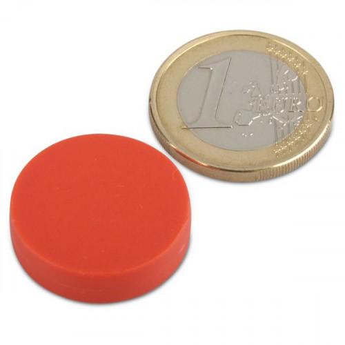 Magnete al neodimio Ø 22,0 x 6,0 mm con rivestimento in plastica - rosso - 4,1 kg