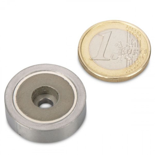 SmCo Magnete con base in acciaio Ø 25,0 x 7,0 mm, foro, acciaio inossidabile, 8 kg
