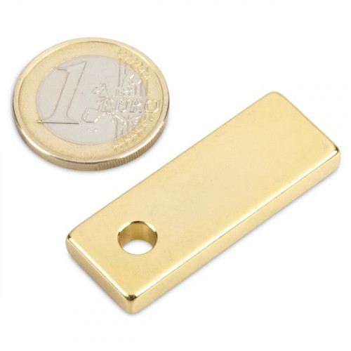 Cuboide magnetico 40,0 x 15,0 x 5,0 mm N45 Oro - foro Ø 5 mm